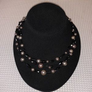 3 Layer Faux Silver Pearl & Black Poly Faceted Bead Necklace 16” + 2-1/4” Ext.